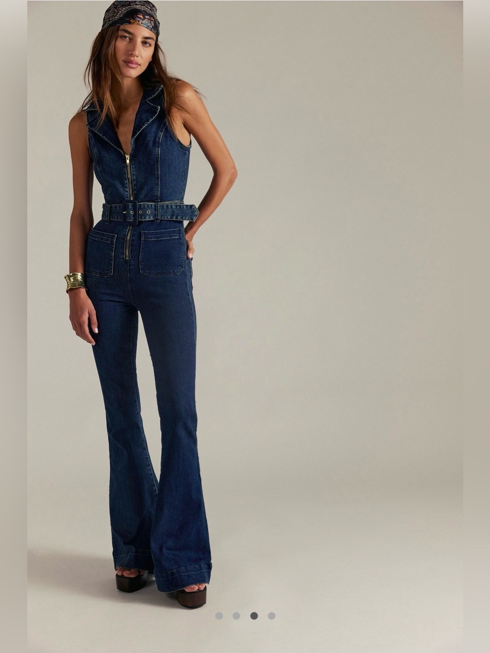 Show Me Your Mumu Jacksonville Denim Bell Bottom Jumpsuit Belted 70s Disco Flare - Picture 3 of 16